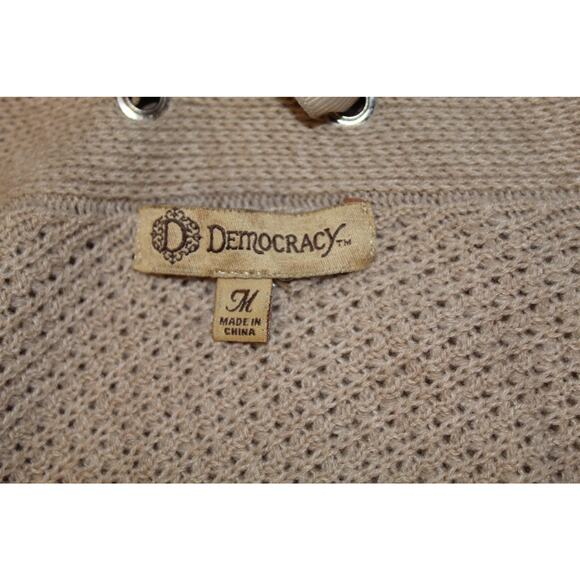 Democracy Open Front Cardigan Tan Knit Lace-Up Back Pockets Elbow Sleeve Women M - Picture 3 of 3